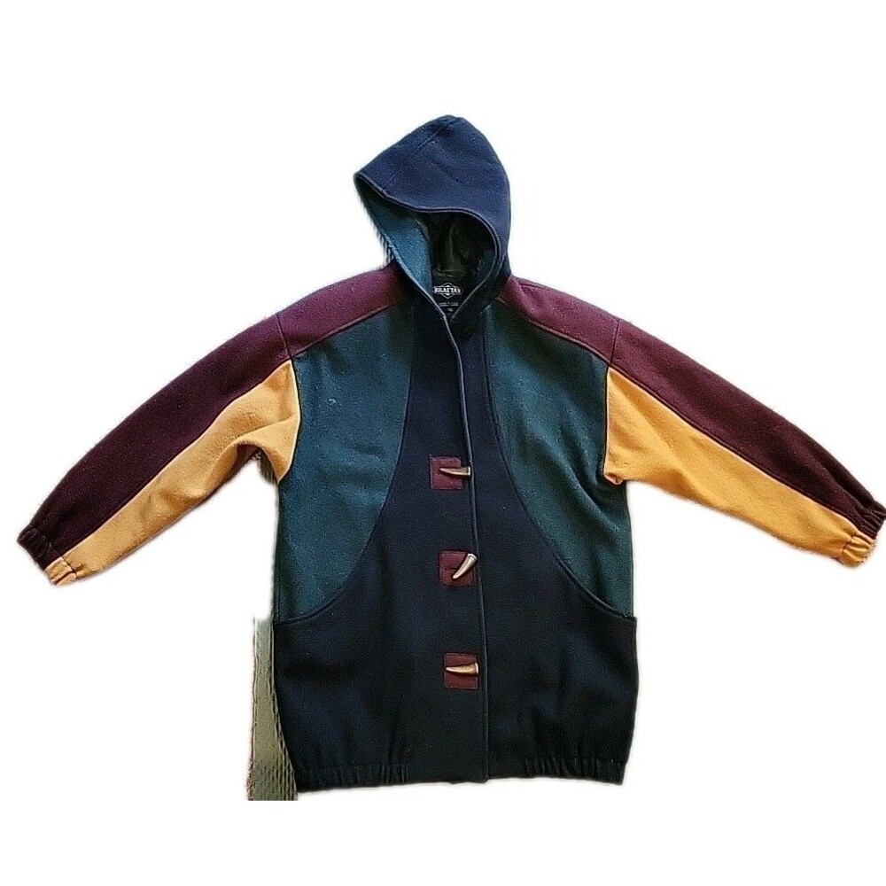 Braetan Vtg Wool Coat Long Hooded Toggle Butn Colorblock Green Blue L 14 80s Y2K